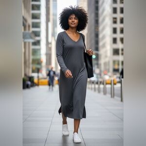 Women's small maxi long sleeve t-shirt dress gray w/ slits each side bottom NWOT